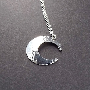 Crescent Moon Necklace Silver Moon Pendant Hammered New Moon Domed Necklace Maximalism Necklace celestial jewelry gift statement necklace