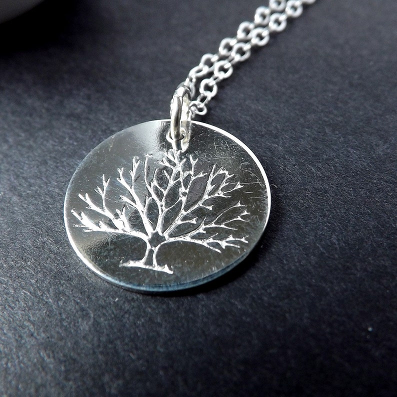 Silver Tree Necklace Hand Stamped Tree Pendant, Charm Necklace, Tree of Life, Nature Jewelry Botanical Jewelry gift for her. gardening gift image 2
