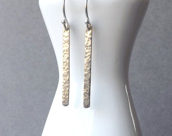 Bar Earrings, Silver Dangle Drop Earring, Hammered Sterling Stick Earrings