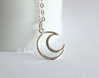 Sterling Silver Crescent Moon Necklace, Minimal Celestial Jewelry