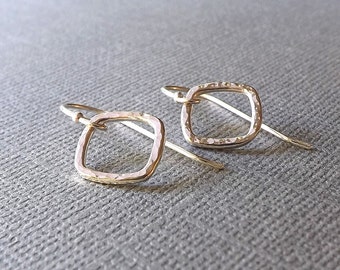 Small Square Earring Sterling Silver Square Hoop Dangles Minimal Earrings, tiny hoop earrings, Hammered Silver Hoop Drops