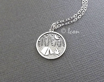 Sterling Silver Camping Necklace, Night Camping Pendant, Small Charm Nature Lover Jewelry Gift