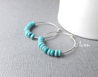 Hoop Earrings Turquoise Sterling Silver Hoops Turquoise dyed Howlite Earrings Womens Jewelry gift for her natural earrings, hoop earrings