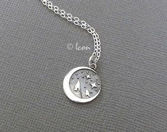 Silver Moon Necklace, Mountain Moon Stars Pendant, Charm Pendant Sterling Silver Great Outdoors, Adventure, Nature Lover Jewelry Gift