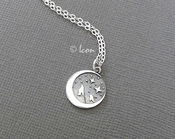 Sterling Silver Moon Necklace, Mountain Stars Pendant, Charm Pendant, Nature Lover Jewelry Gift