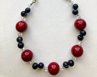 Vibrant Clay Bead Necklace, Red and Black beaded Jewelry, Statement Necklace
