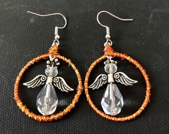 Angel of Light, wire-wrapped hoops, hoop earrings, Christmas gifts for her, angel pendant, angel jewelry, angel earrings
