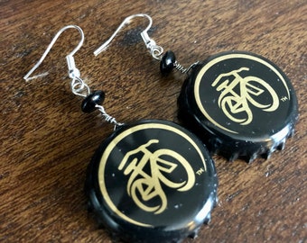 New Belgium bicycle Beerings, bottle cap earrings, bottle cap art, bottle cap jewelry, beer lovers, summer accessories