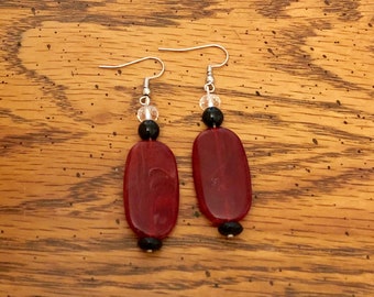 Oval Candy Earrings, Glossy Red Beads Statement Jewelry, Crystal Accents