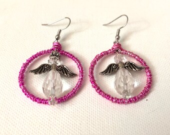 Angel of Light, wire-wrapped hoops, hoop earrings, Christmas gifts for her, angel pendant, angel jewelry, angel earrings