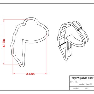 May include: Line drawing of a hat cookie cutter, measuring 4.17 inches tall and 3.13 inches wide. The drawing shows the cookie cutter in two views, one from the front and one from the side.