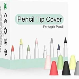 May include: A white box labeled "Pencil Tip Cover For Apple Pencil" with a variety of colored pencil tip covers. The tips are in colors like red, pink, green, yellow, black, gray, blue, and white.