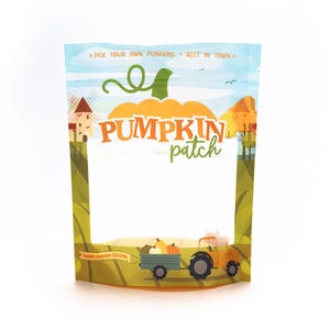 May include: A clear plastic bag with a pumpkin patch design. The bag has a window to see the contents. The text on the bag reads "Pick your own pumpkins - Best in town" and "Pumpkin patch".