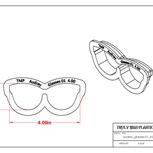 May include: Line drawing of a pair of glasses with the text "TMP Audrey Glasses 01 4.00" on the frame. The glasses are 4 inches wide and 1.5 inches tall.