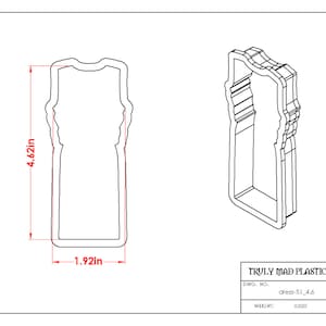 May include: A line drawing of a plastic mold for a bottle. The mold is 4.62 inches tall and 1.92 inches wide. The drawing includes the text "TRULY MAD PLASTICS, LLC", "DWG. NO. dress-51.4.6", and "HIGH: 0.000".