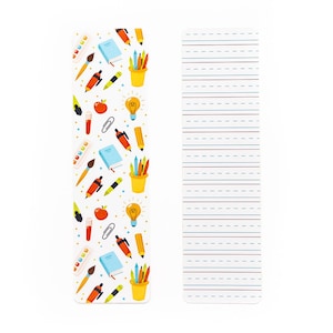 May include: Two bookmarks, one with a white background and a repeating pattern of school supplies like pencils, paintbrushes, and books, and the other with a white background and blue and red lines.