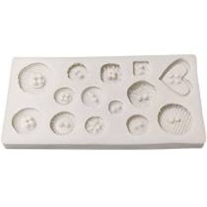 May include: Silicone mold with 14 different button shapes for baking or crafting. The mold features a variety of button designs, including round, oval, square, and heart shapes.