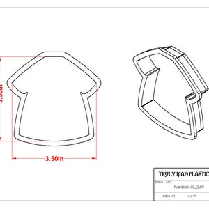 May include: A line drawing of a 3.50 inch cookie cutter in the shape of a t-shirt. The cookie cutter is shown from two different angles.
