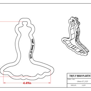 May include: A line drawing of a dress cookie cutter with the text "TMP Dress 37 5.25" and measurements of 5.25 inches by 4.49 inches. The text "TRULY MAD PLASTICS, LLC." is at the bottom of the image with the text "dress-37 525" and "0.039" below it.
