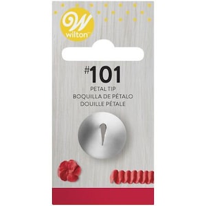 May include: Wilton #101 Petal Tip piping nozzle for decorating cakes and cupcakes. The silver metal nozzle has a pointed tip and is shown on a white background with red and white decorative accents.