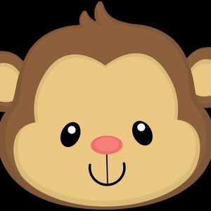 May include: A cartoon illustration of a monkey's face with brown fur, big brown eyes, a pink nose, and a smiling mouth.