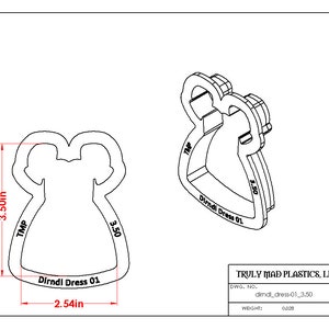 May include: A black and white line drawing of a cookie cutter in the shape of two people wearing dirndl dresses. The cookie cutter is 3.5 inches tall and 2.54 inches wide. The text "Dirndl Dress 01" is printed on the cookie cutter.