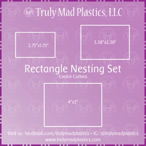 May include: A set of three white plastic rectangle cookie cutters on a purple background. The cutters are nested inside each other and measure 2.75 inches by 1.75 inches, 3.38 inches by 2.38 inches, and 4 inches by 3 inches.