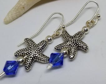 Starfish Drop Earrings with Blue Swarovski Crystal Hook Earrings