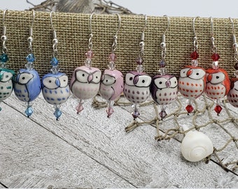 Hand Painted Ceramic Owl Silver Plated Earrings with Swarovski, Bicone, Crystals, in Several Colors