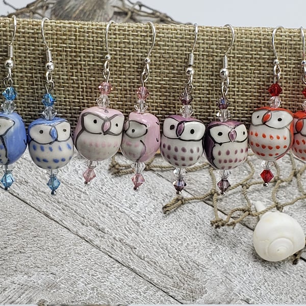 Hand Painted Ceramic Owl Silver Plated Earrings with Swarovski, Bicone, Crystals, in Several Colors