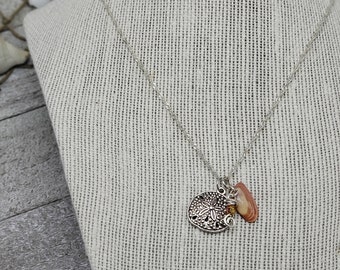 Coquina Shell-Angel Wings Silver Charm Necklace with Antique Silver Sand Dollar Charm Ocean Necklace