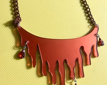 Vtg Halloween Jewelry Mirrored RED Necklace DRIPPING BLOOD Bloody Acrylic