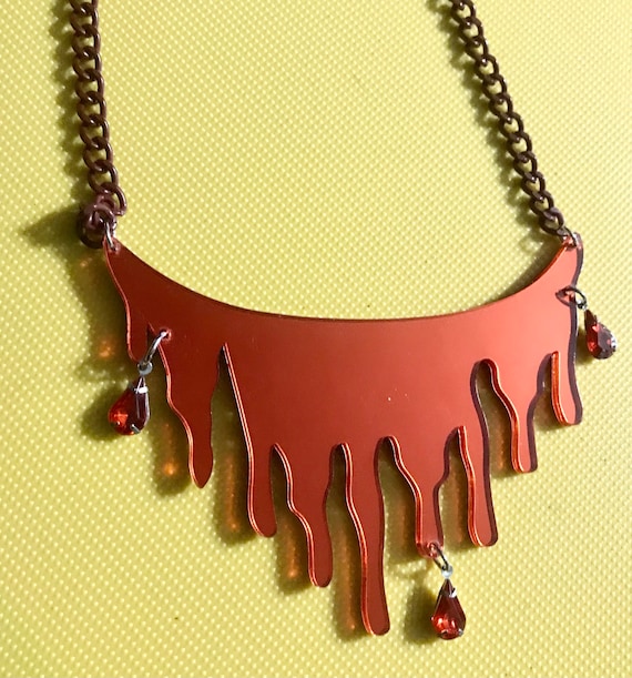Vtg Halloween Jewelry Mirrored RED Necklace DRIPPI