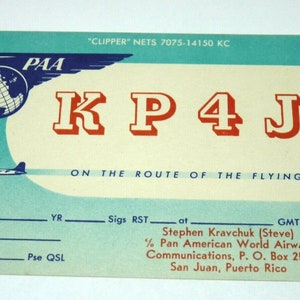 Vintage Pan Am Airlines Clipper Radio Postcard PAA Wing Logo NOS KP4JI Station 1940s Pan American Airways
