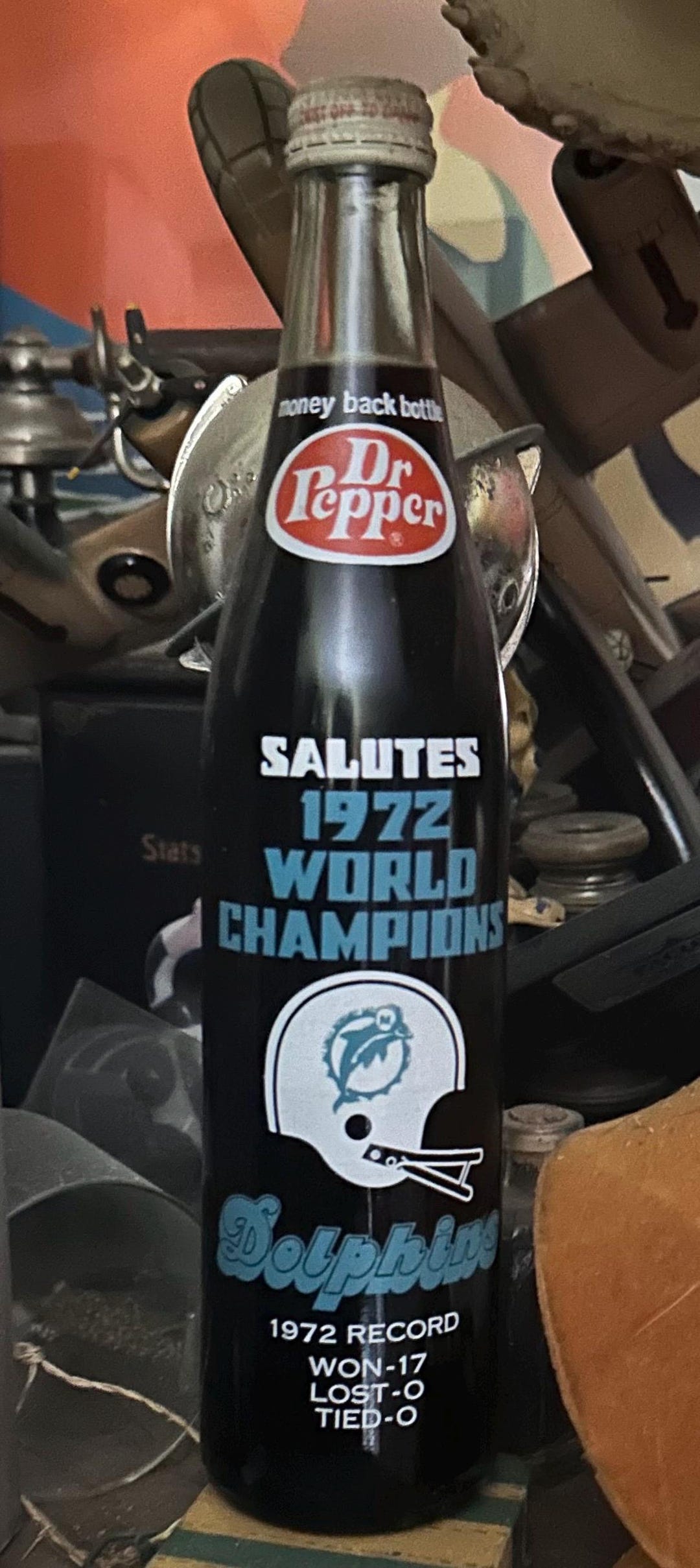 Vintage 1972 Dr. Pepper MIAMI DOLPHINS Soda Bottle, Unopened