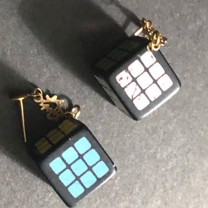 Rubik&#39;s Cube Dangle Pierced Earrings Rare Vintage 1980s 80s