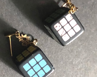 Pendientes colgantes con forma de cubo de Rubik, raros, vintage, años 80