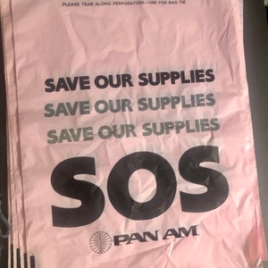 2 large Pan Am Airlines Plastic Bags Totes Pink “SOS Save Our Supplies” 20.5x16.5” Vintage