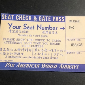 Flight Seat Check/Gate Pass 1954 Pan American World Airways Miami-Singapore 1950s Pan am airlines