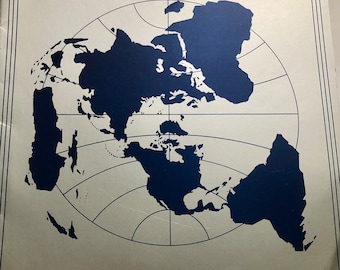 May include: A blue and white world map printed on a silver background. The map is centered on North America and shows the continents in a distorted way, with the Americas and Europe being larger than Asia and Africa.