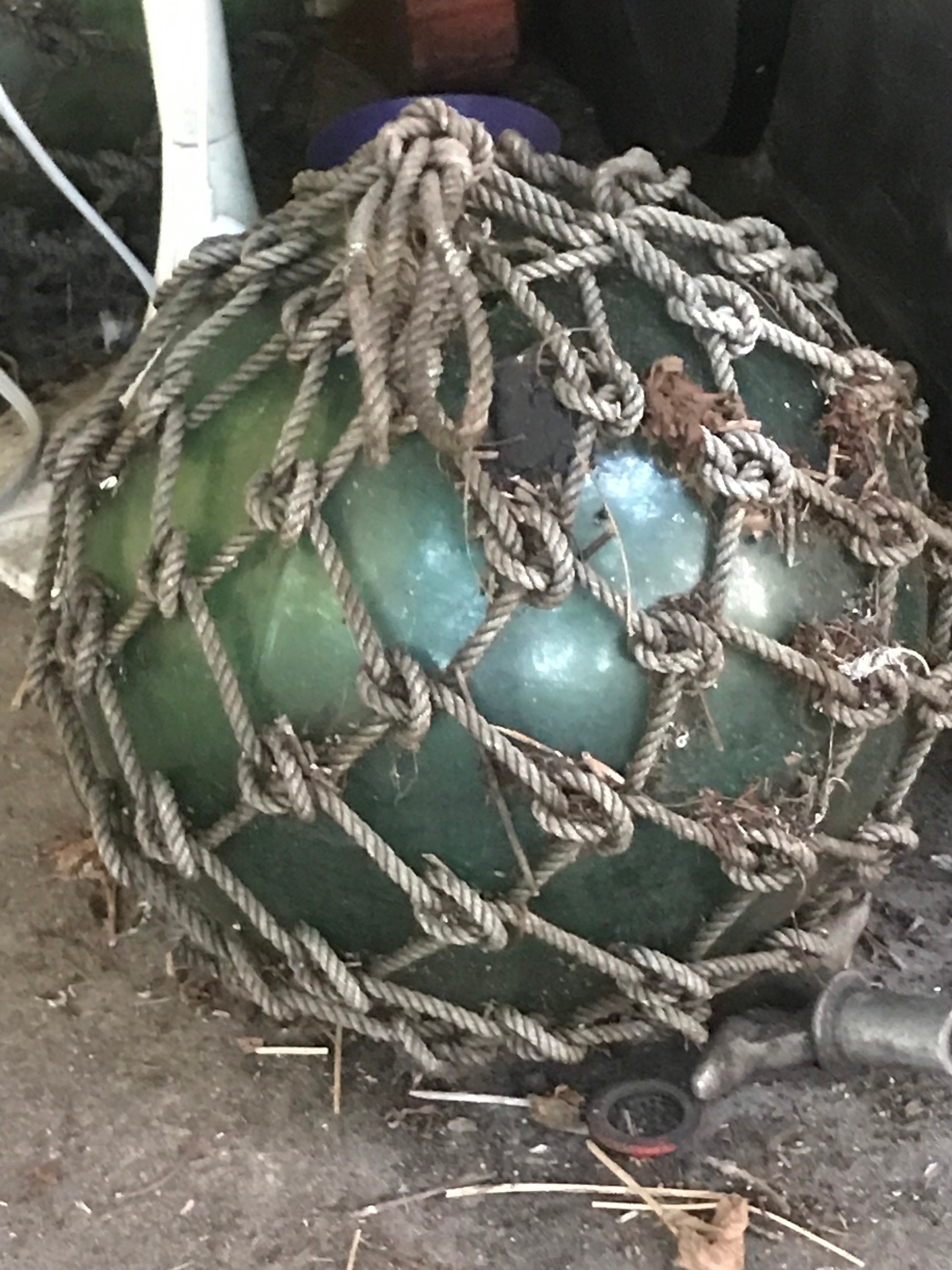 Antique Glass Fishing Float Buoy Ball Large 12”+ Blue / Green Net RARE  Condition