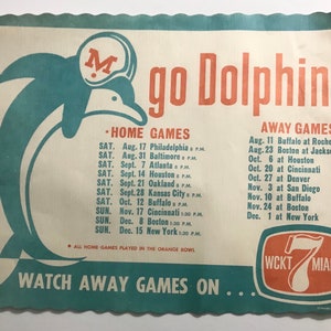 Vintage NFL 1968 Miami Dolphins Game Schedule WCKT 7 Miami radio paper place mat