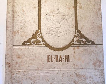 May include: Vintage yearbook cover with a cream-colored background and a decorative gold emblem. The emblem features a lamp over a stack of books. The text "EL-RA-HI" and the year "1950" are embossed on the cover.