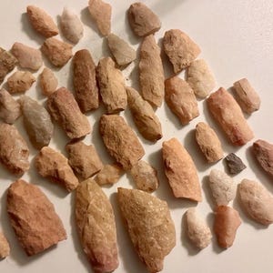 Peut inclure: Une collection de pierres brutes de différentes tailles, dans des tons de beige, de brun rougeâtre et de beige. Les pierres sont dispersées sur une surface blanche, mettant en valeur leurs textures naturelles et leurs formes irrégulières.