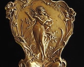 Vintage Art Nouveau Brass Repousse Cameo Wood Nymph Fairy Playing Harp Dragonfly Flower Brooch