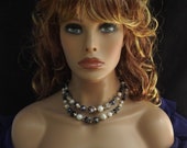 Vintage Japan Multi Strand Bead Necklace with Faux Pearl, Faux Onyx Irridescent Faux Carnival Glass Beads