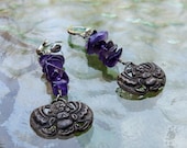 Vintage Egyptian Revival Silver Tone Stacked Amethyst Nuggets with Kherpi Beetle Scarab Amulet Charm Dangling Earrings