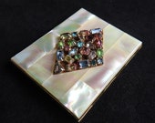 Vintage Elgin American Mid Century Renaissance Revival Mother of Pearl Rhinestone Gold Tone Compact Mirror