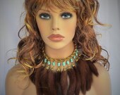 Vintage Egyptian Revival Etruscan Tribal Gold Tone Chain with Turquoise Nuggets Dangling Genuine Mink Fur Tails Statement Necklace