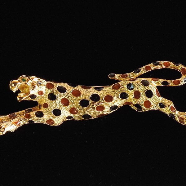 Vintage Ciner Gold Tone Enameled Leaping Spotted Leopard Cat Brooch